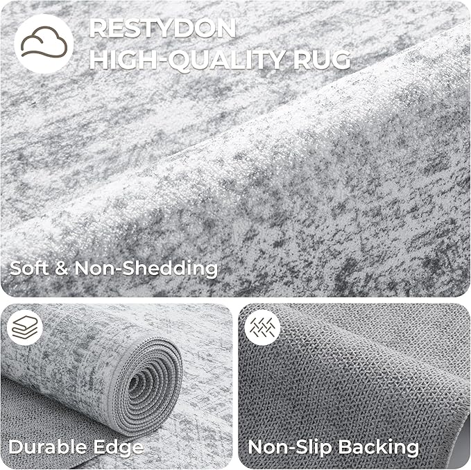 Washable Runner Rug 2.5x14, Non-Slip Long Hallway Runner for Entryway, Soft Vintage Kitchen Mats for Floor, Abstract Dining Room, Bedroom, Living Room Rugs(2.5'x14', Grey/Ivory)