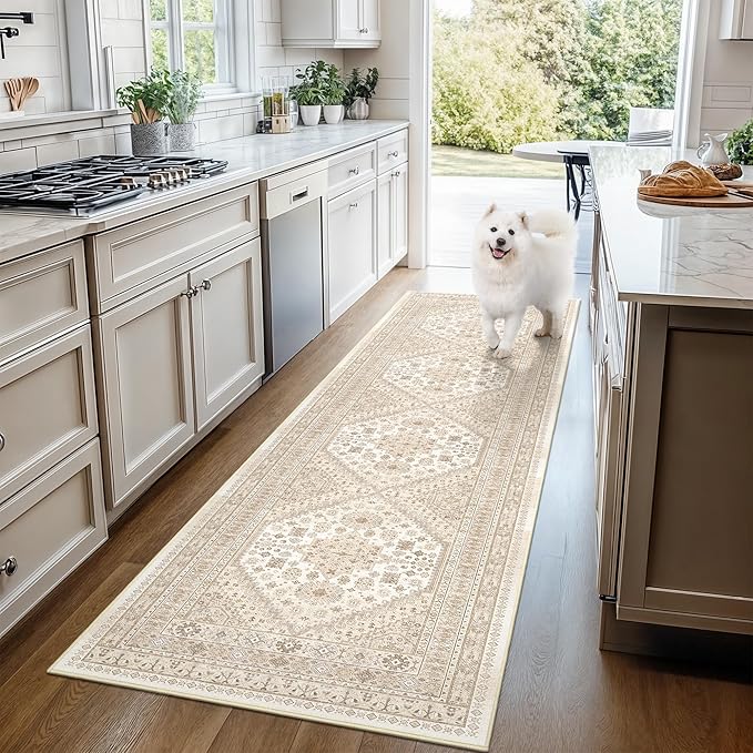 Washable Runner Rug 2.5x14, Non-Slip Long Kitchen Mats for Floor, Vintage Rug for Entryway, Soft Hallway Runner for Dining Room, Bedroom, Living Room(Cream/Beige,2.5'x14')