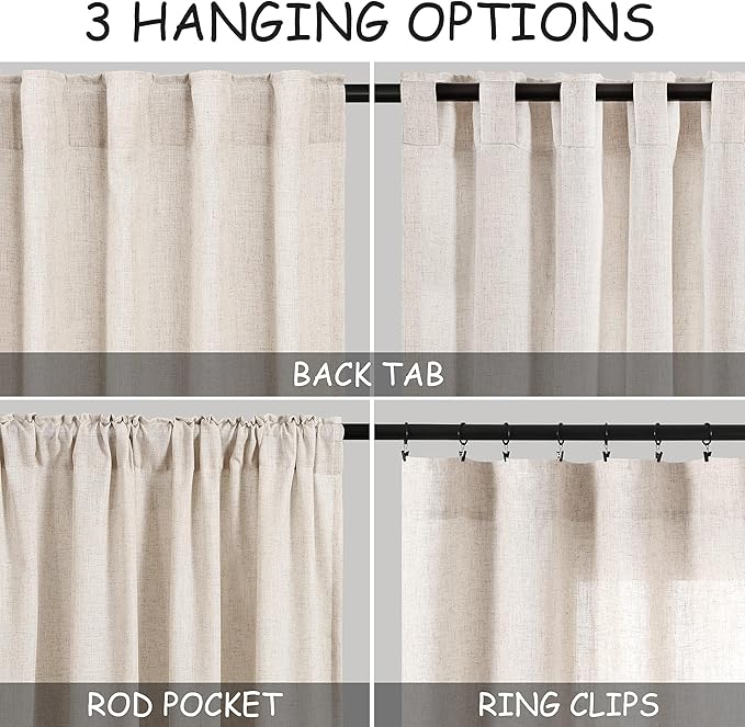 Extra Long Tan Beige Curtains 120 inch Length 2 Panels Set Back Tab Neutral Farmhouse Drapes Light Filtering Semi Sheer Linen Curtain 120 inches Long for Floor to Ceiling Window Patio Sliding Door