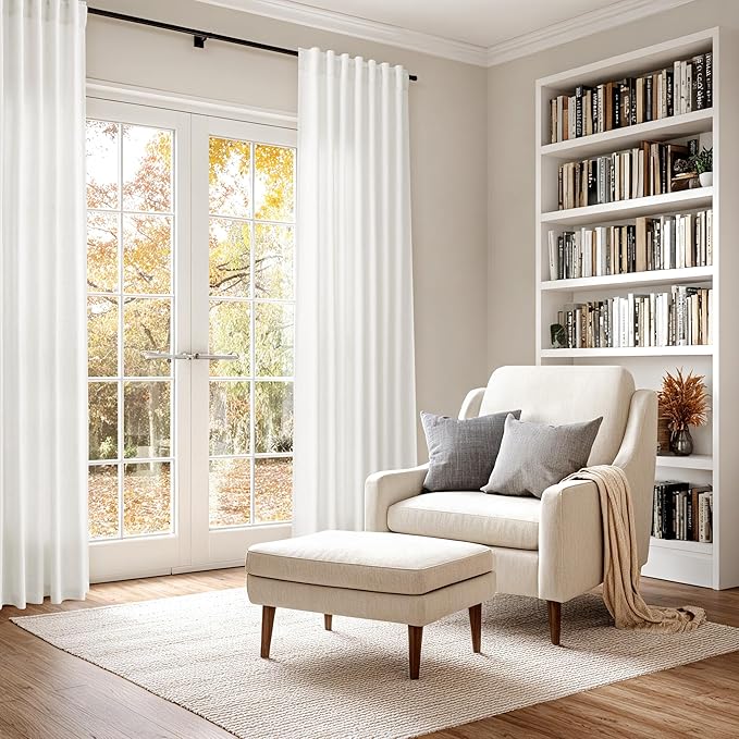 Nanspring Beige White Linen Curtains 96 Inches Long for Living Room Privacy Light Filtering Semi Sheer Curtain Back Tab and Rod Pocket Coastal Decor Drapes for Bedroom Dinner 40 X 96, 2 Panels
