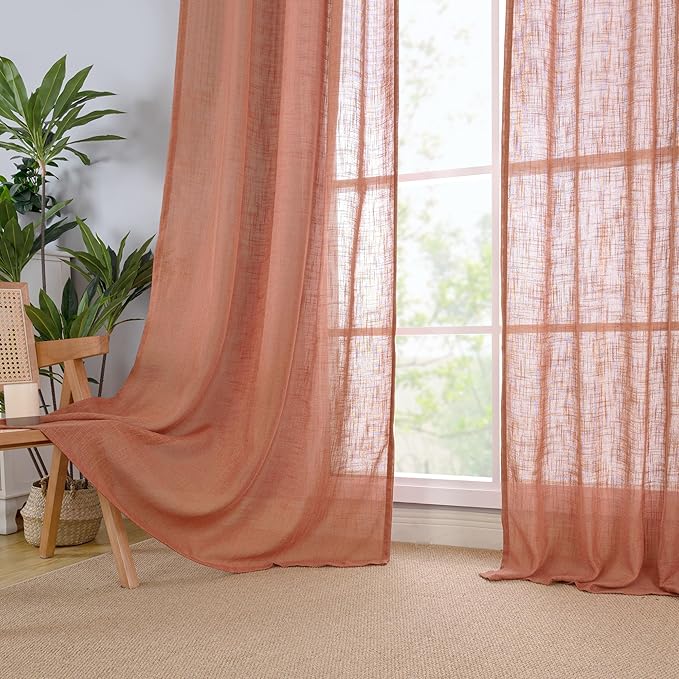LAMIT Terracotta Linen Curtains 90 Inch for Living Room, Fall Western Decor Panels, Back Tab and Rod Pocket Boho Burnt Orange Rustic Drapes for Bedroom, Set of 2, 52 x 90 Inch
