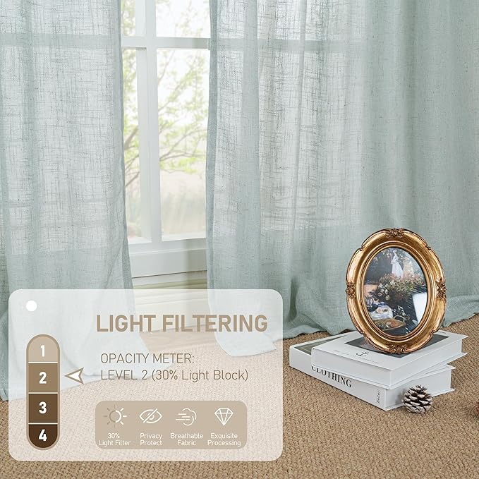 LAMIT Light Filtering Linen Curtains 24 Inch Length 2 Panels, Semi Sheer Window Panels Back Tab and Rod Pocket Neutral Drapes for Bathroom/Kitchen/Loft Room, Greyish Blue, 34 x 24 Inch