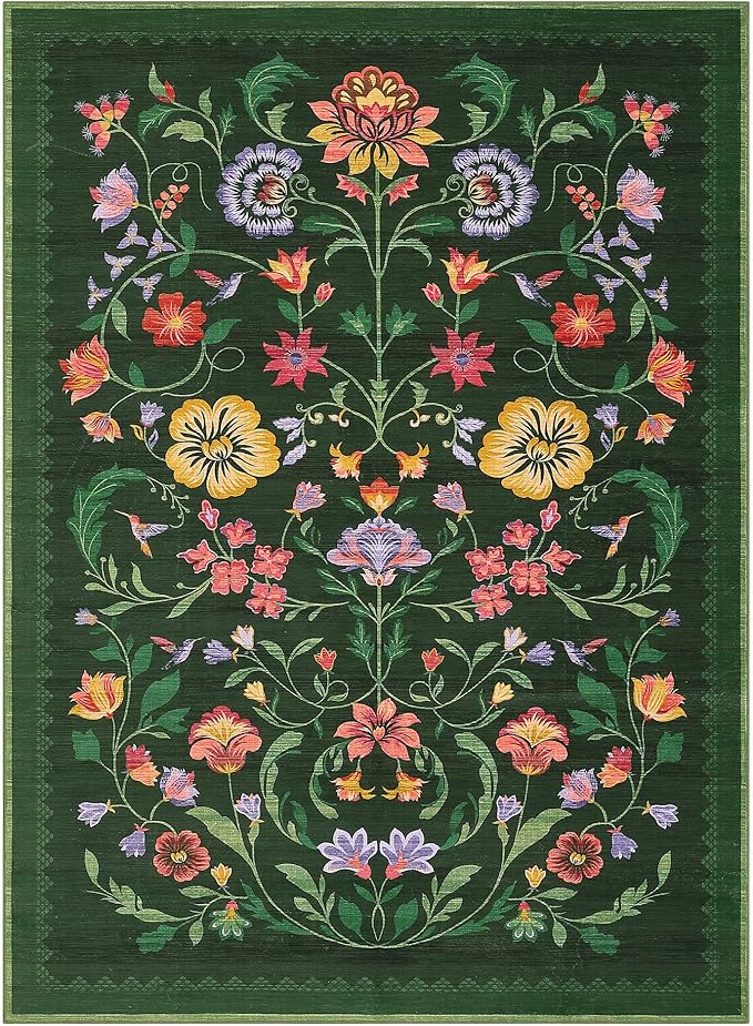 GarveeHome Washable Rug 3x5 Area Rugs for Living Room, Floral Rug for Bedroom, Soft Boho Non Slip Throw Rugs with Rubber Back, Low Pile Stain Resistant Vintage Floral Carpet for Dining Room, Green