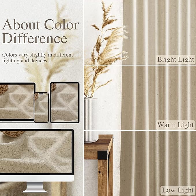 Nanspring Eggshell Beige Linen Curtains 84 Inches Long for Living Room Light Filtering Semi Sheer Curtain Back Tab Rustic Coastal Decor Elegant Neutral Luxury Drapes for Bedroom 52x84, 2 Panels
