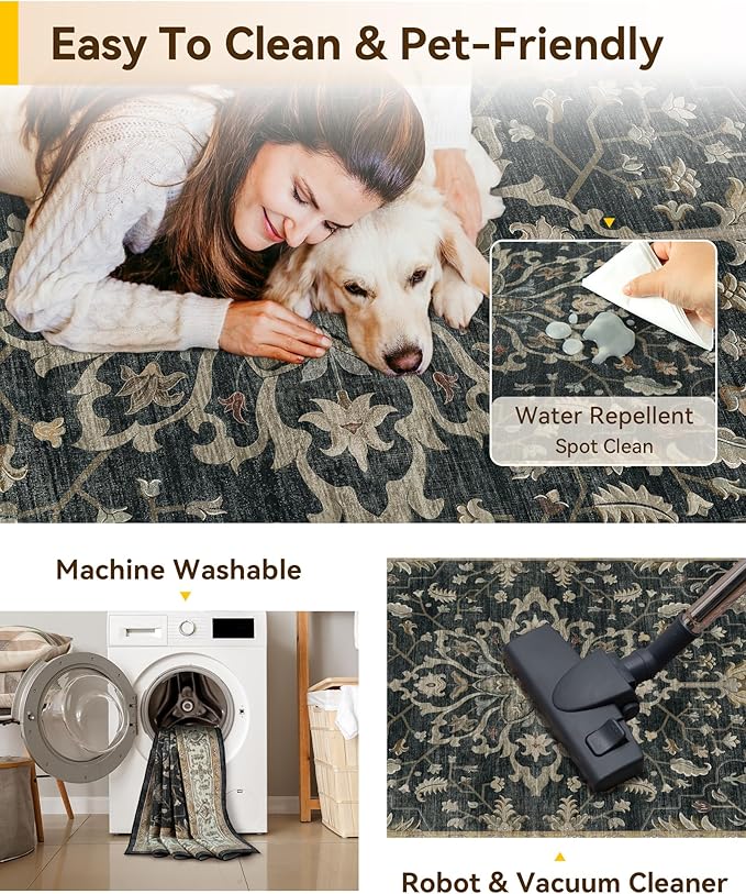 Area Rugs 5'x7' Washable Non-Slip, Floral Vintage Distress Print Pattern Medallion Carpet for Living Room Bedroom Dining Room, Vintage Black Brown Neutral