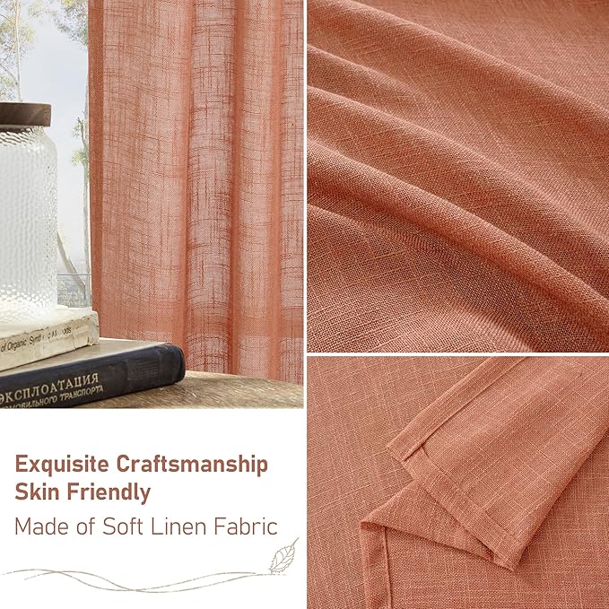 LAMIT Terracotta Semi Sheer Linen Curtains 24 Inch Long, Light Filtering Panels Back Tab and Rod Pocket Neutral Drapes for Cafe/Bathroom/Small Window, 2 Panels, 34 x 24 Inch