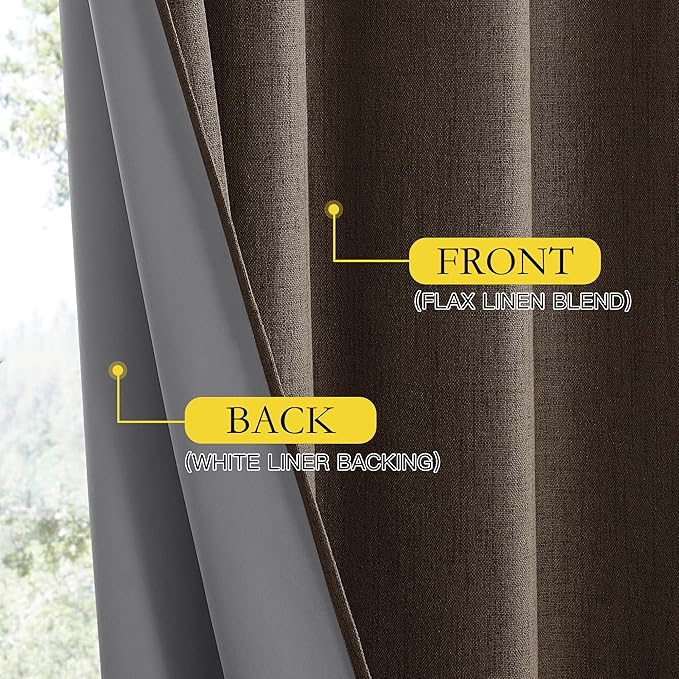 NICETOWN Coffee Vintage Linen 100% Blackout Curtains for Living Room, Thermal Insulated Curtains 95" Long, Noise Reducing Window Treatment Drapes for Bedroom, 52" Wide Per Panel, Set of 2