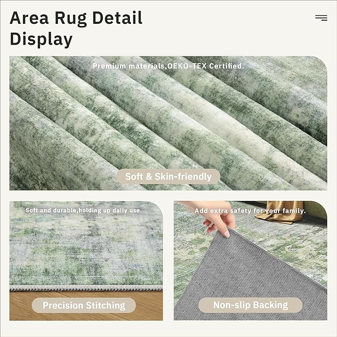 6x6 Green/Ivory Round Rug 6ft Living Room Circle Rug Vintage Round Area Rug Non Slip Indoor Carpet for Dining Room Bedroom