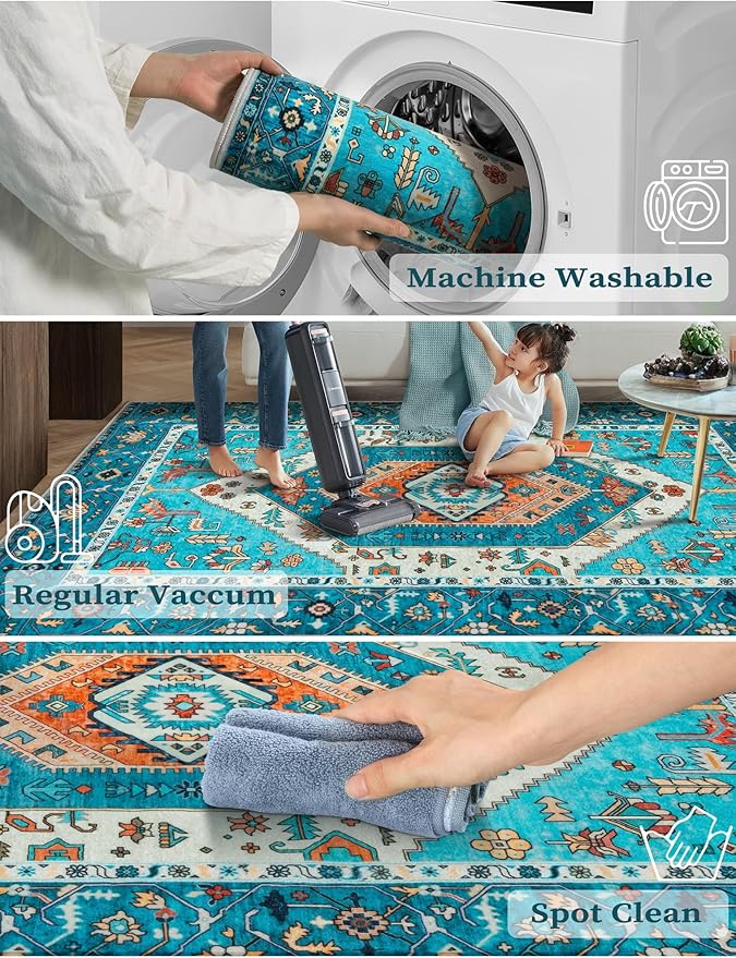 SERISSA Boho Washable Runner Rug, 2'6"x10' Rug Runner Non-Slip Vintage Blue Hallway Kitchen Runner Rug Ultra Soft Print Distressed Tribal Floor Carpet Runner for Bedroom Bathroom Laundry Room