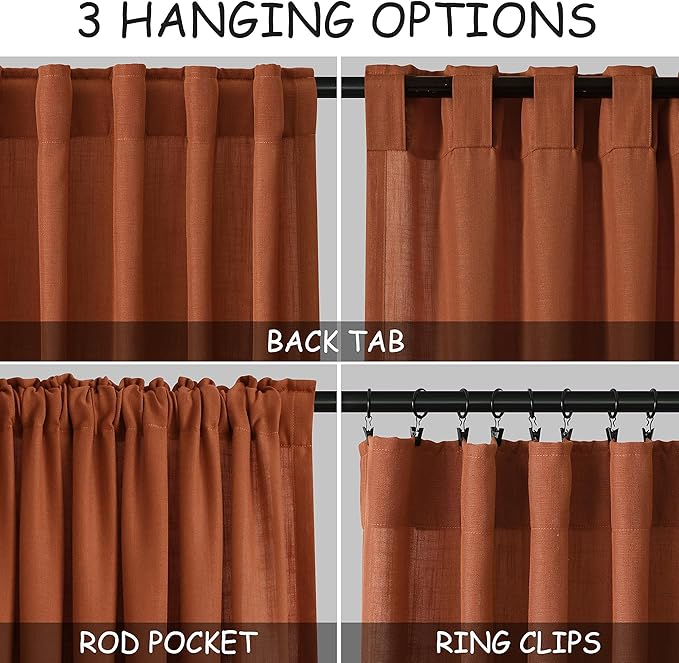 Terracotta Linen Blend Drapes 84 Inch Length 2 Panels Set Back Tab Rod Pocket Light Filtering Semi Sheer Textured Brick Burnt Orange Curtains Boho Farmhouse Decor Curtains for Living Room 40x84