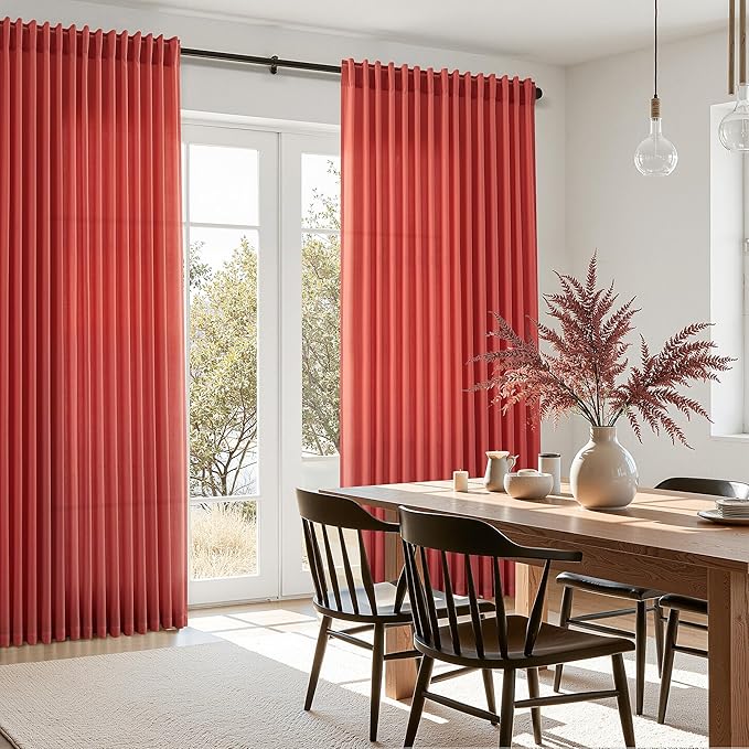 Nanspring Christmas Red Linen Curtains 96 Inches Long for Living Room Light Filtering Semi Sheer Curtain Back Tab Rod Pocket Vintage Rustic Luxury Home Decor Neutral Drapes for Bedroom 52x96, 2 Panels