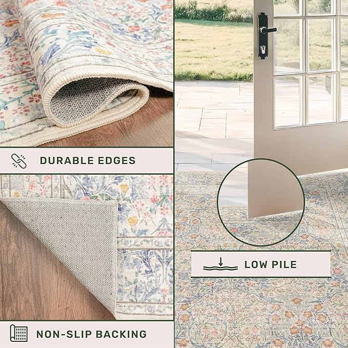 Washable Light Blue Bedroom Rug, 9x12 Area Rug for Living Room, Large Dining Room Rugs for Under Table, Soft Low Pile Non-Slip Stain Resistant Carpet - Vintage Floral Design (9x12 Beige Blue)