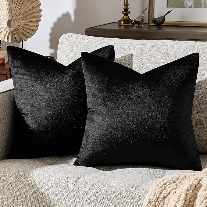 GIGIZAZA Black Velvet Pillow Covers 24x24,Decorative Square Throw Pillows Modern Covers Big Solid Living Room Pillow Cases for Couch Pack of 2