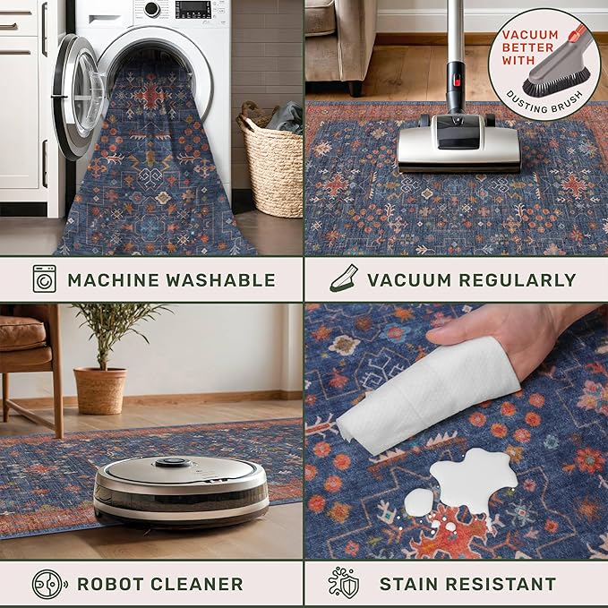 Washable 12 ft Long Runner for Hallway - Navy Blue Kitchen Floor Runner Rug, Pet Friendly Waterproof Non Slip with Rubber Backing, Stain Resistant Laundry Room Rug (3x12 Navy Blue & Terracotta)