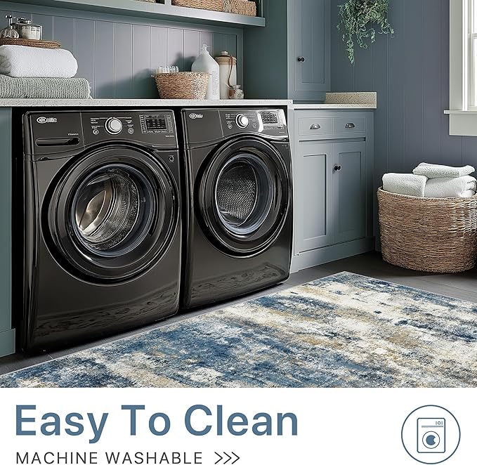 BEIMO Machine Washable Rug 9x12 Area Rugs for Living Room Bedroom, Large Navy Blue Beige Abstract Area Rug Soft Throw Rugs, Low-Pile Floor Carpet with Non Slip Rubber Backing