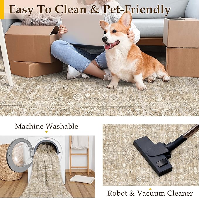 4x6 Washable Area Rug for Living Room Bedroom Vintage Beige Soft Low Pile Carpet Traditional Retro Non Slip Throw Rug for Dining Room Entryway Indoor Dorm Kitchen