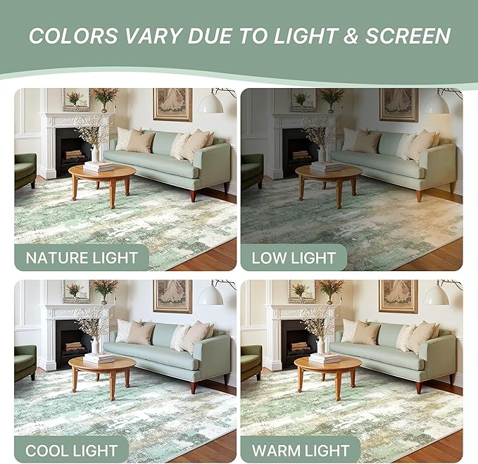 Round Rugs 8FT for Living Room Bedroom, Modern Abstract Machine Washable Circle Rug, Soft Low Pile Floor Cover with Non Slip Backing for Dining Room, Light Green