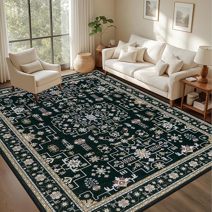 5x7 Area Rugs Living Room Rug: Washable Vintage Boho Medallion Rug No Slip Stain Resistant Soft Carpet Indoor Floor Large Carpets for Bedroom Dining Room Farmhouse Nursery Hallway Home Office Black