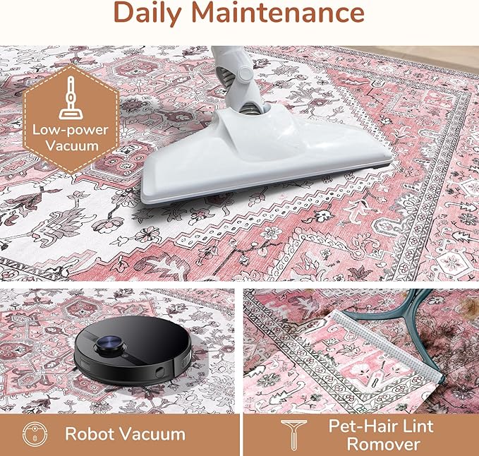 OPPODREAM Soft Area Rugs 5x7, 5x7 Washable Rug with Non Slip Backing, 5 x 7 Faux Cashmere Low-Pile Carpet, Pink & Cream
