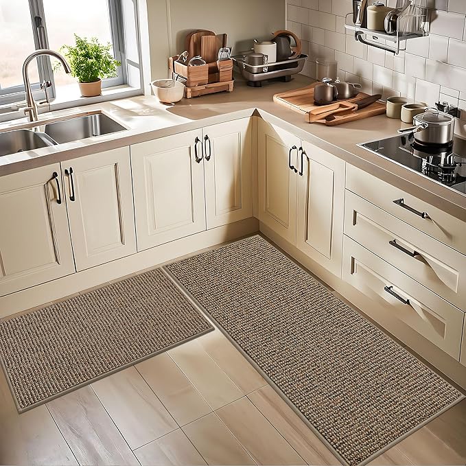 BEQHAUSE Kitchen Rugs and Mats 2PCS, Non-Slip Kitchen Mats for Floor, Absorbent and Stain Resistant Kitchen Runner, Machine Washable Rugs for Kitchen, Laundry & Sink, 20"x32"+20"x48", Taupe