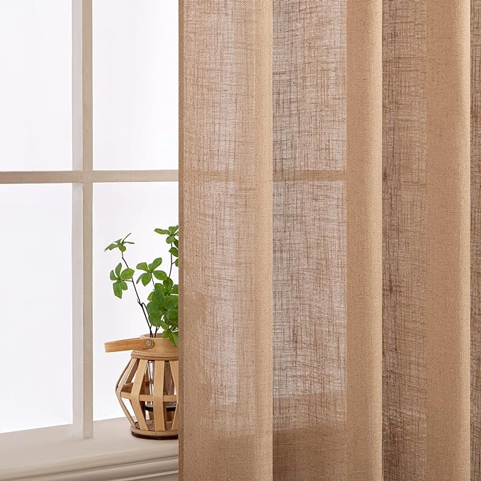 MIULEE Brown Linen Curtains 72 Inch Length 2 Panels for Bedroom Living Room, Soft Thick Linen Textured Window Drapes Semi Sheer Light Filtering Back Tab Rod Pocket Burlap Look Decor, W37xL72