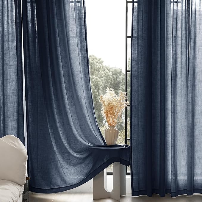 Navy Blue Curtains 108 inch Length for Bedroom Back Tab Light Filtering Semi Sheer Blue Living Room Curtains Linen Cotton Textured Indigo Blue Drapery Panel Modern Aesthetic Decor 60" Wx108" L