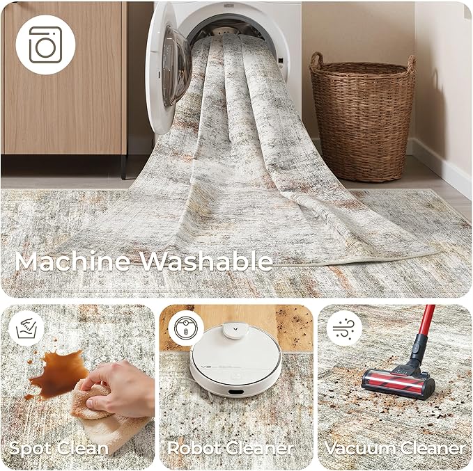 2x3 Washable Rug Runner for Bathroom, Soft Entryway Rug for Laundry Room, Kitchen, Vintage Abstract Hallway Runner for Bedroom, Anti-Slip Door Mat Indoor Entrance(2'x3', Grey/Rust)