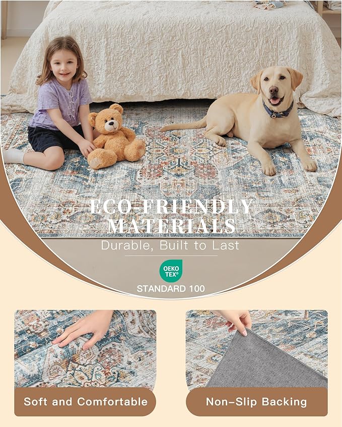 Madane Runner Rug 2x8, Washable Hallway Runner Rugs, Non-Slip Low-Pile Soft Kitchen Rug Runner Laundry Room Rug, Vintage Throw Entry Foyer Mat for Entrance Living Room (Navy, 2 x 8)