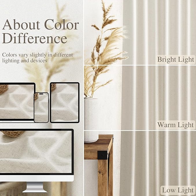 Nanspring Mousse White Lnen Curtains 102 Inches Long for Living Room Linen Light Filtering Semi Sheer Curtain Back Tab Simple Modern Floor to Ceiling Coastal Decor Drapes for Bedroom 52x102, 2 Panels