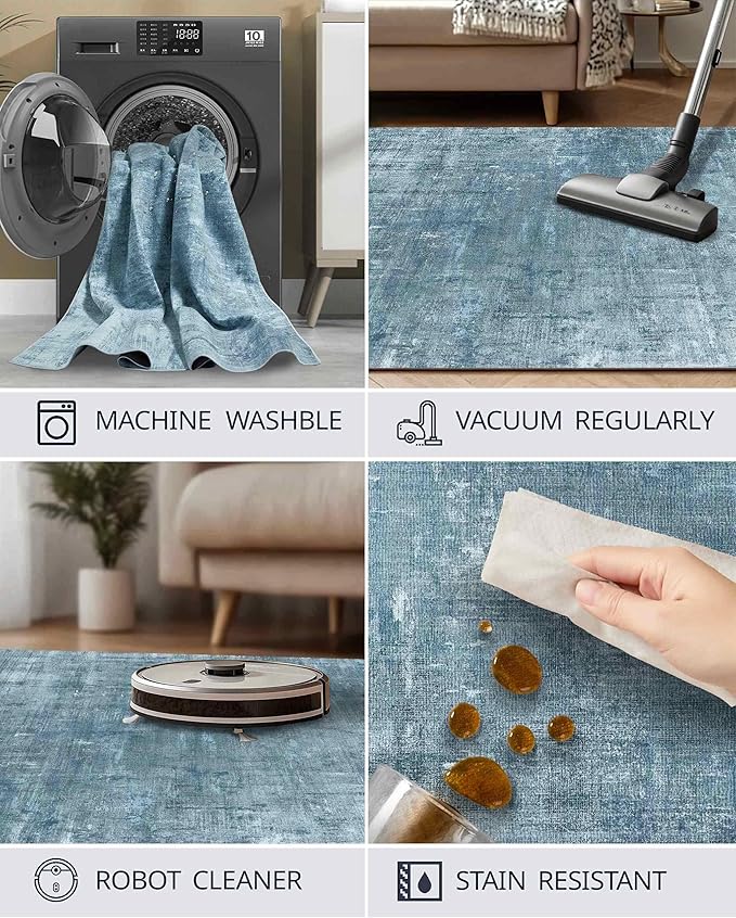 Latte&Fog 10x14 Area Rug for Living Room, Extra Large Blue Modern Abstract Washable Rugs, Boho Non Slip Low Pile Carpet for Indoor Bedroom Dining Room, Office, Dorm, Classroom and Farmhouse - Blue