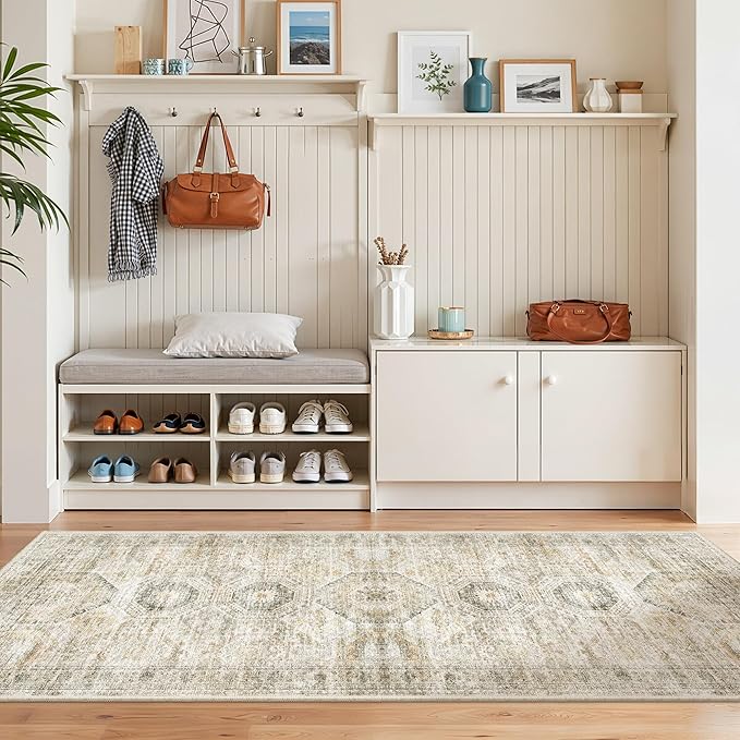 2x5 Rug Runner Washable for Entryway, Soft Bathroom Rugs with Non-Slip Backing, Abstract Low Pile Hallway Runner, Vintage Small Kitchen Carpet for Stair, Laundry Room(2'x5', Grey/Yellow)