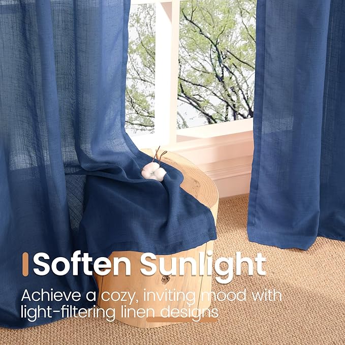 BGment Navy Blue Linen Curtains 48 Inch Length for Windows, Semi Sheer Drapes Light Filtering for Short Bedroom Living Room Bathroom Decor Lightweight with Rod Pocket, 2 Panels Set, Each 42 Inch Wide