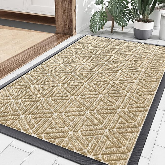 Smiry Front Door Mat Outside Entrance, Heavy Duty Sturdy Natural Rubber Doormat, Trap Dirt and Moisture, Easy Clean Low Profile Mats for Indoor Outdoor Entry, Grid Geometric (35x23, Beige)