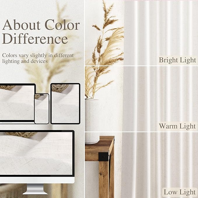 Ivory White Semi Sheer Linen Curtains 72 inch Length for Living Room Back Tab Rod Pocket Modern Farmhouse Coastal Decor Ivory White Cotton Textured Gauze Curtain 72 inches for Dining Room Office