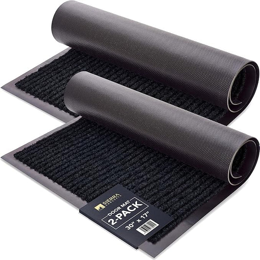 Sierra Concepts 2-Pack Front Door Mat Ribbed Black - Indoor Outdoor Floor Doormat Entryway Welcome Mats - Entrance Shoe Scraper, Entry Inside Outside Garage, 30" x 17"