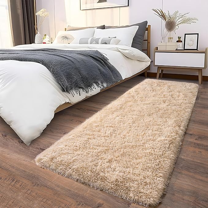 Soft Runner Rugs for Bedroom Hallways, 2 Packs 2x6 Beige Fluffy Shag Throw Area Rug Non Slip for Bedside Dorm, Long Shaggy Furry Carpet for Nursery Living Room