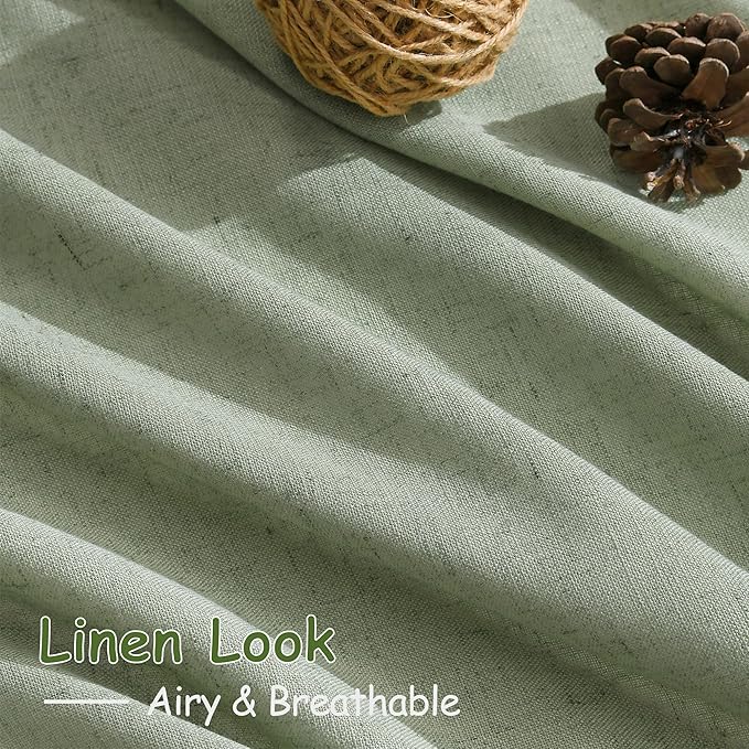 Nanspring Light Sage Linen Curtains 90 Inch Long 2 Panels Set for Bedroom Living Room Light Sage Linen Textured Window Drapes Semi Sheer Light Filtering Rod Pocket Back Tab Farmhouse Curtain 52x90