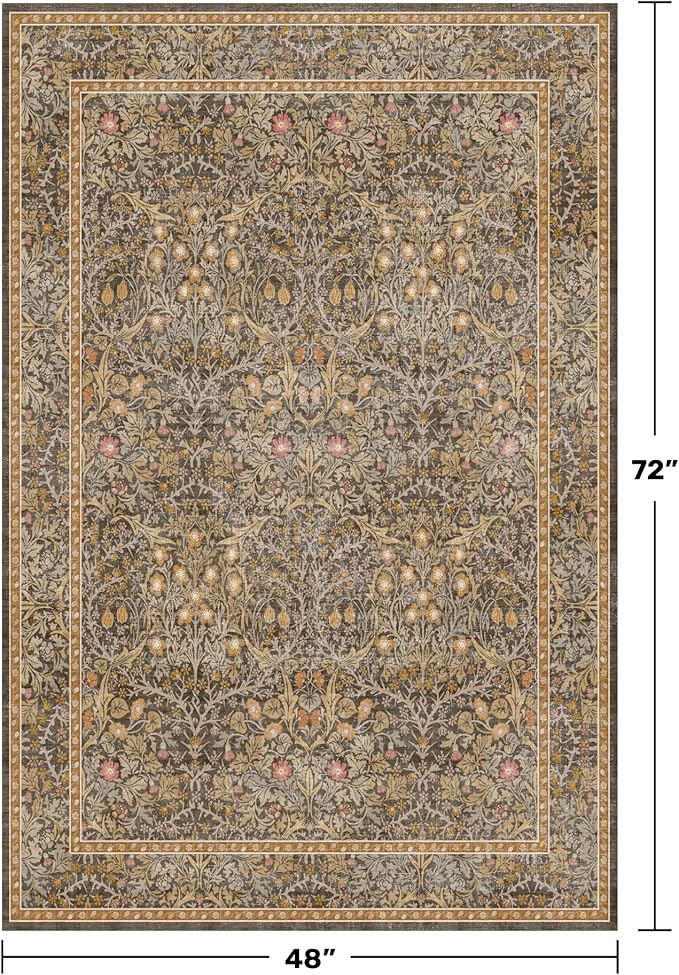 Vintage Brown 4x6 Area Rugs for Large Entryway, Bedroom Beside Rug, Kitchen, Mudroom, Non-Slip Low Pile Ultra Soft Stain Resistant Small Floral Carpet