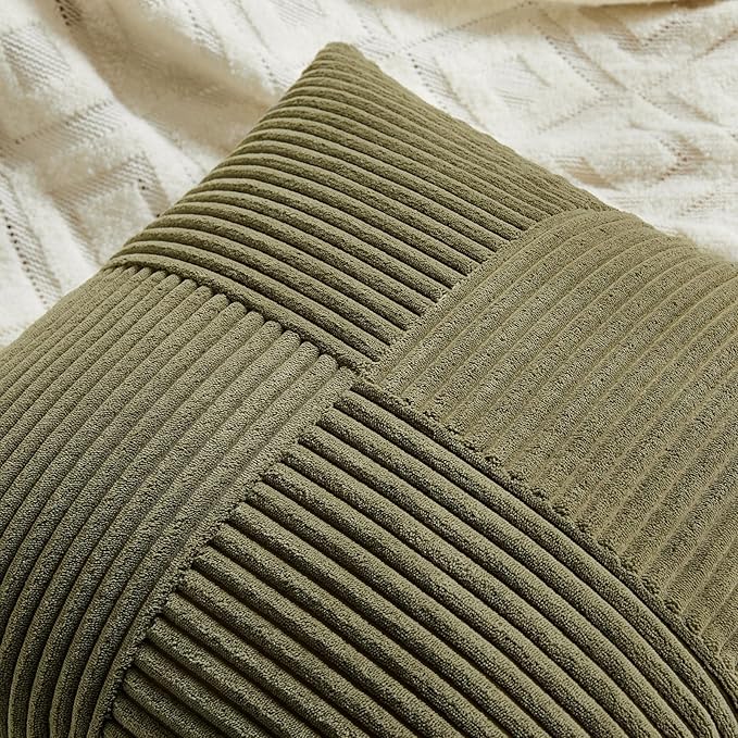 Fancy Homi 2 Packs Olive Green Lumbar Decorative Throw Pillow Covers 16x28 Inch for Living Room Couch Bed, Farmhouse Boho Home Decor, Soft Striped Corduroy Rectangle Accent Cushion Case 40x70 cm