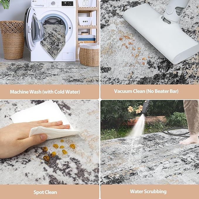 Runner Rug for Hallways Kitchen 2'6"x8' Washable Non Slip: Carpet Non Skid 8ft Entryway Rubber Backed 8 Feet Neutral Abstract Modern Rug Low Pile Pet Friendly Indoor Black Grey Gold