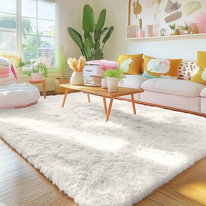 OLANLY 5x6 Area Rugs for Living Room Bedroom, Machine Washable Soft Fluffy Shaggy Bedside Rug, Indoor Floor Carpet for Kids Girls and Boys, Dorms, Nursery Rooms, Home Decor Aesthetic, Ivory
