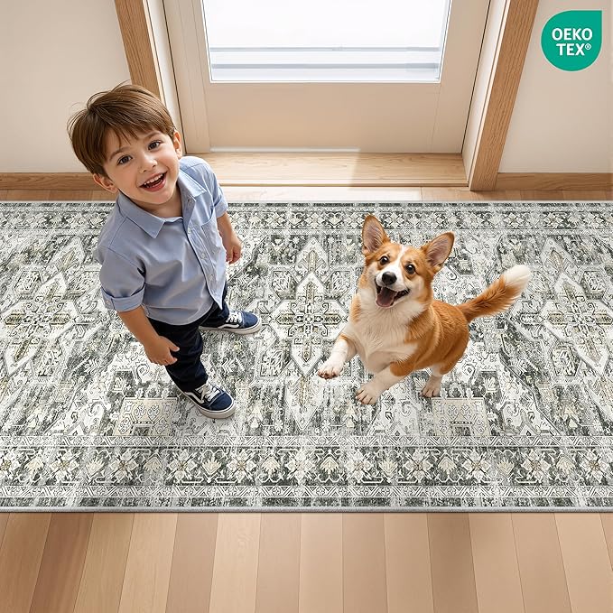 Kitchen Runner Rug Non Slip Washable 2.5x10, Soft Ultra-Thin Entryway Rug Runners for Hallways, Carpet Runner for Living Room,Kitchen, Laundry, Bathroom(Grey/Beige,2.5'x10')