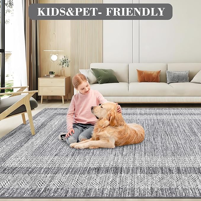 GarveeHome Modern Geometric Area Rug 4x6 Distressed Bordered Washable Non Slip Floor Carpet Non Shedding Thin Soft Low Pile Contemporary Gray Rug for Dining Room, Living Room