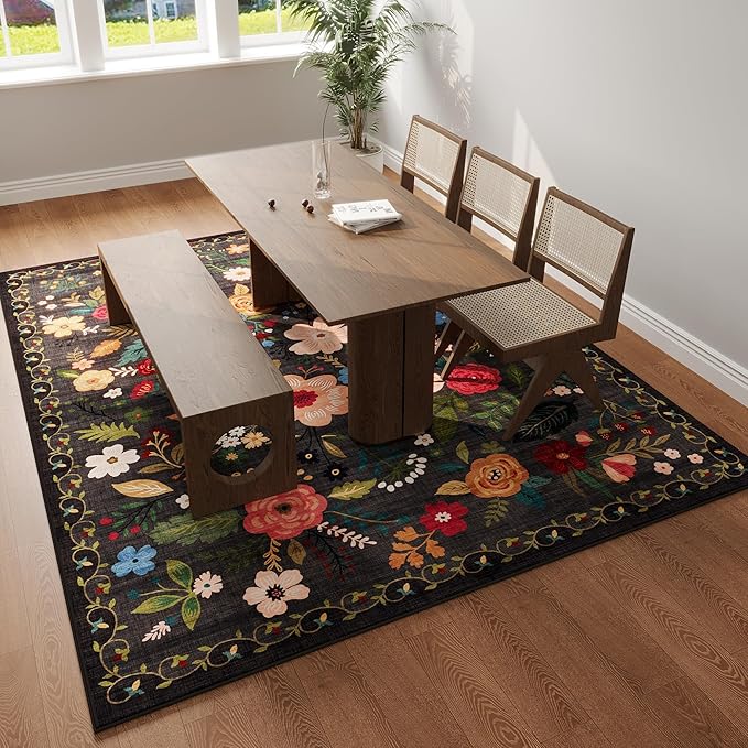 Rugcomf Living Room Rug 5x7 Rug Machine Washable Boho Area Rug Non Slip Floral Vintage Low Pile Large Rugs for Living Room, Bedroom, Farmhouse, Dining Room, Kids Playroom(Black)