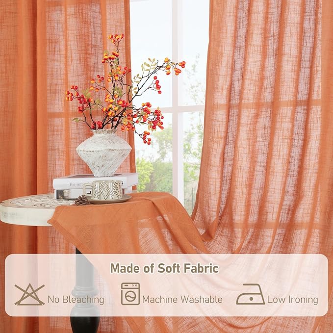 LAMIT Burnt Orange Linen Curtains 45 Inch Length 2 Panels, Light Filtering Panels Back Tab and Rod Pocket Country Decor Drapes for Kitchen/Window/Loft Room/Bedroom, 34 x 45 Inch