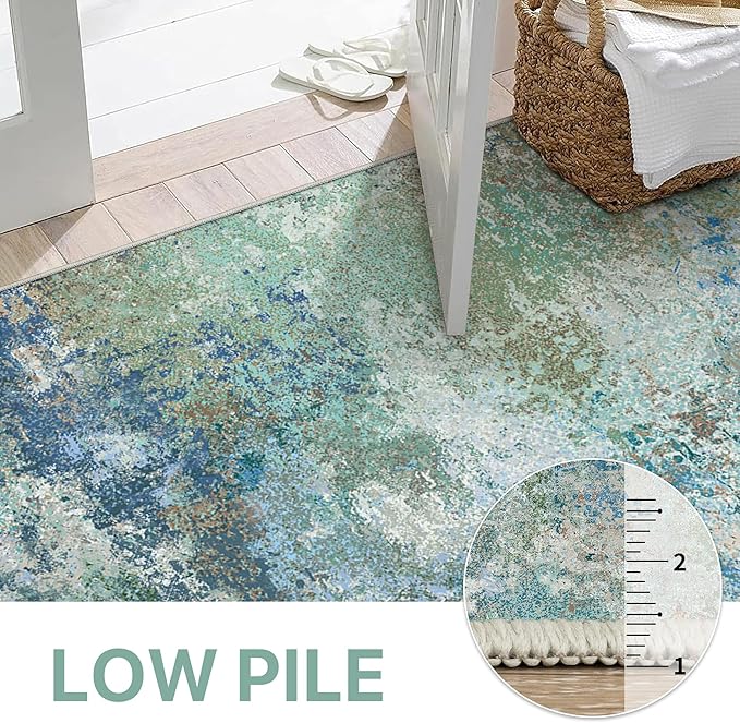 Area Rugs 5x7 for Living Room Bedroom, Modern Abstract Machine Washable Rug, Large Soft Low Pile Floor Carpet with Non Slip Backing for Dining Room, Blue Green