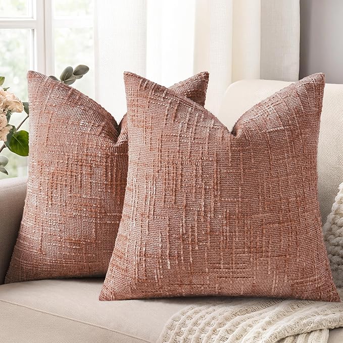 decorUhome Summer Pink Chenille Throw Pillow Covers 16x16 Set of 2 Textured Soft Cozy Slubby Couch Pillow Covers Modern Farmhouse Boho Decorative Pillow Cases for Bed Sofa Living Room