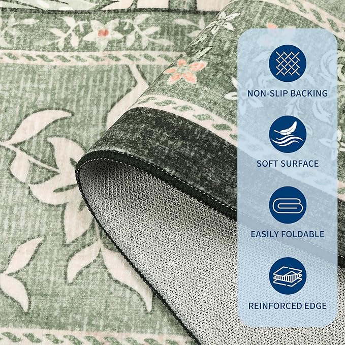 GarveeHome Provence Area Rugs 9x12 Living Room, Botanical Grove Sage Green Cottagecore Washable Rug for Bedroom Dining Nursery Low-Pile Vintage Large Soft Carpet