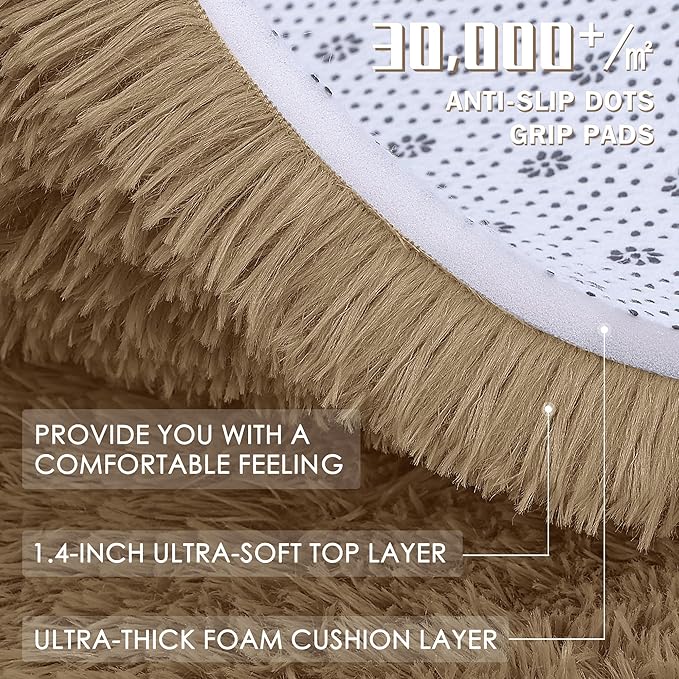 OLANLY Taupe Round Rugs for Bedroom - Machine Washable, 5 ft Circle Area Rugs for Living Room, Soft and Fluffy Shaggy Carpet for Teen Girl and Boys, Nursery Rooms, Dorms, Home Decor Aesthetic