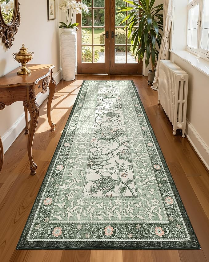 GarveeHome Sage Green 2.5 x 8 Washable Kitchen Runner Rugs Non Slip Provence Vintage Boho Cottage Long Rug for Hallways Bedroom Entryway Bathroom Mat with Rubber Back